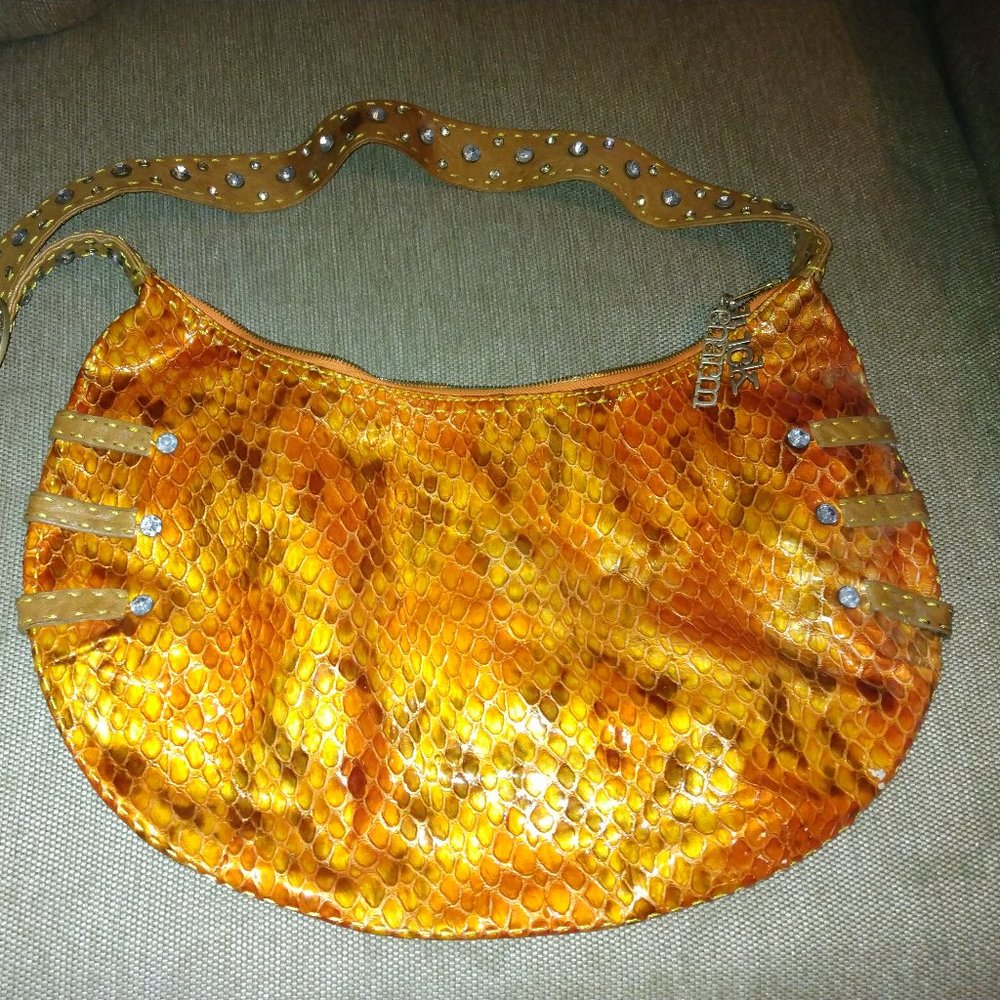 ❤️CHARM & LUCK Patent Leather Orange Rhinestone Studded Horseshoe XL Hobo Purse